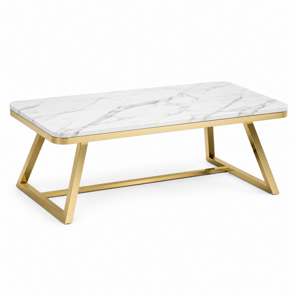 Table basse de salon rectangulaire en MDF effet marbre blanc et métal doré, 110 × 60 × 45 cm