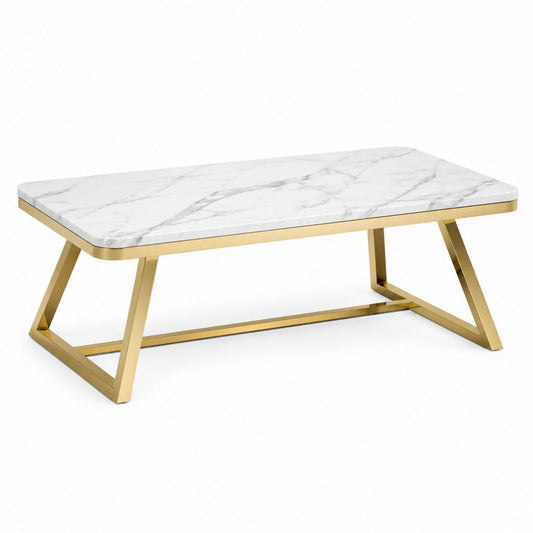 Table basse de salon rectangulaire en MDF effet marbre blanc et métal doré, 110 × 60 × 45 cm