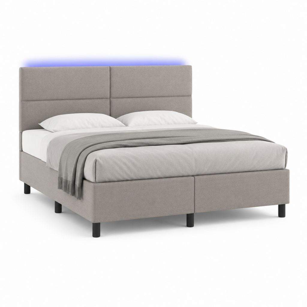 Lit double rembourré en tissu gris avec LED et sommier à lattes, 169 × 210 × 110 cm, pour matelas 160 × 200 cm