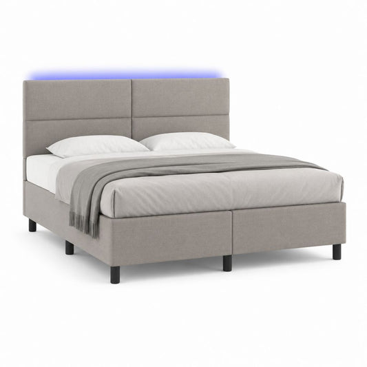 Lit double rembourré en tissu gris avec LED et sommier à lattes, 169 × 210 × 110 cm, pour matelas 160 × 200 cm
