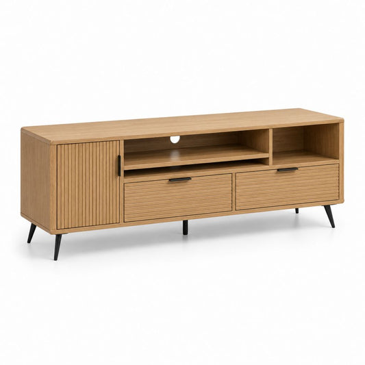 Mobile TV en bois et métal avec 1 porte, 2 tiroirs et 3 compartiments ouverts, chêne naturel et noir, 160 × 40 × 65 cm