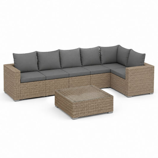 Set canapé angulaire de l'extérieur 6 pièces en polyrattan beige avec coussins gris anthracite, 280 × 140 × 64 cm