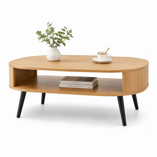 Table basse de salon ovale en MDF plaqué chêne avec plateau et jambes en métal, chêne naturel et noir, 110 × 55 × 45 cm