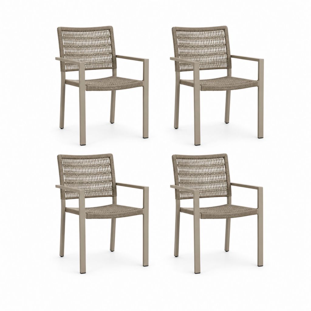 Ensemble de 4 chaises de jardin pour extérieur avec accoudoirs en métal et corde plastique tourterelle, 57 × 60 × 86 cm