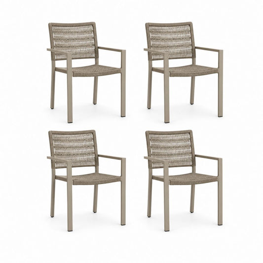 Ensemble de 4 chaises de jardin pour extérieur avec accoudoirs en métal et corde plastique tourterelle, 57 × 60 × 86 cm