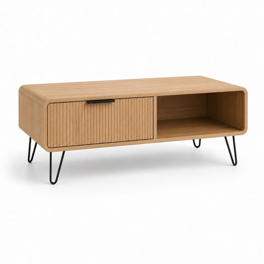 Table basse rectangulaire en bois et métal avec porte rainurée et compartiment ouvert, chêne naturel et noir, 110 × 55 × 45 cm