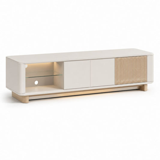 Meuble TV basse en bois et verre avec portes coulissantes et éclairage LED, 180 × 40 × 55 cm, blanc cassé et chêne naturel
