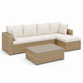 Ensemble de jardin angulaire 4 places en résine tressée PE et acier beige avec péninsule droite et table basse, 236 × 145 × 75 cm