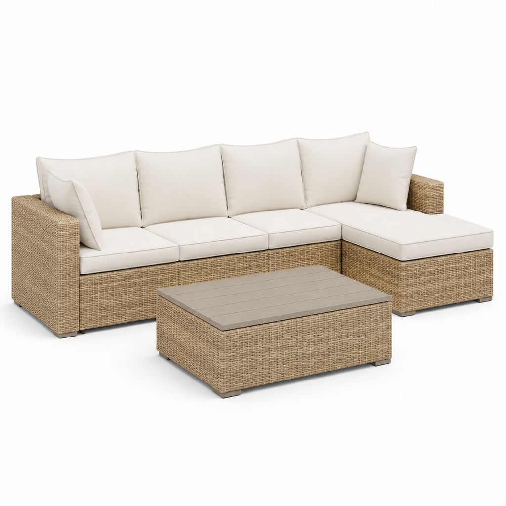 Ensemble de jardin angulaire 4 places en résine tressée PE et acier beige avec péninsule droite et table basse, 236 × 145 × 75 cm