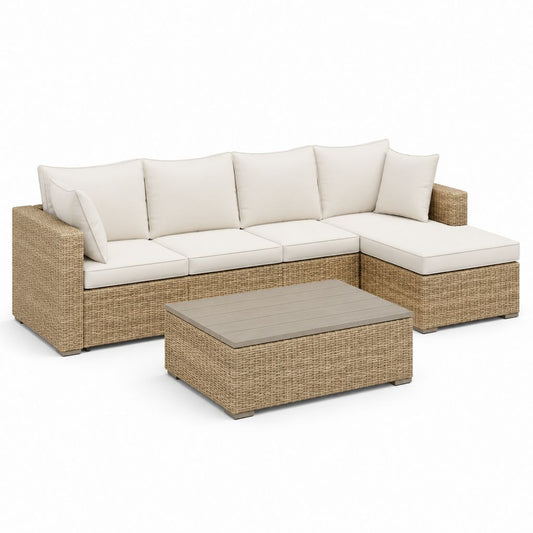 Ensemble de jardin angulaire 4 places en résine tressée PE et acier beige avec péninsule droite et table basse, 236 × 145 × 75 cm