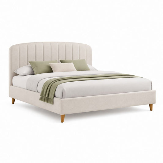 Lit double rembourré beige 170 × 215 × 110 cm pour matelas 160 × 200 cm avec tête rainurée