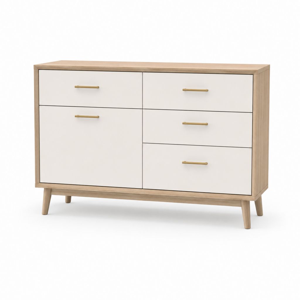 Tiroirs bas rectangulaires à 5 tiroirs en panneau de particules et MDF, blanc et chêne naturel, 120 × 40 × 80 cm