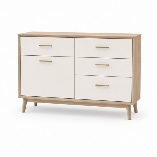 Tiroirs bas rectangulaires à 5 tiroirs en panneau de particules et MDF, blanc et chêne naturel, 120 × 40 × 80 cm