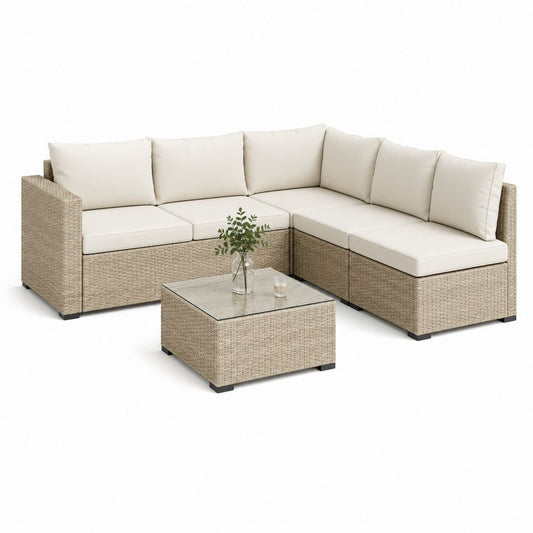 Salon d'extérieur 3 pièces avec canapé angulaire à 5 places en polyrattan beige et table basse, 210 × 210 × 68 cm