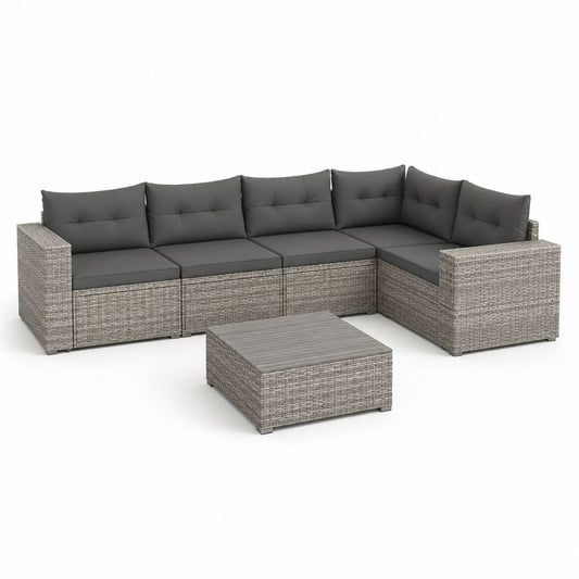 Ensemble de canapé de jardin angulaire modulaire à 6 places avec table basse en résine tressée PE gris et oreillers anthracites, 280 × 213 × 72 cm