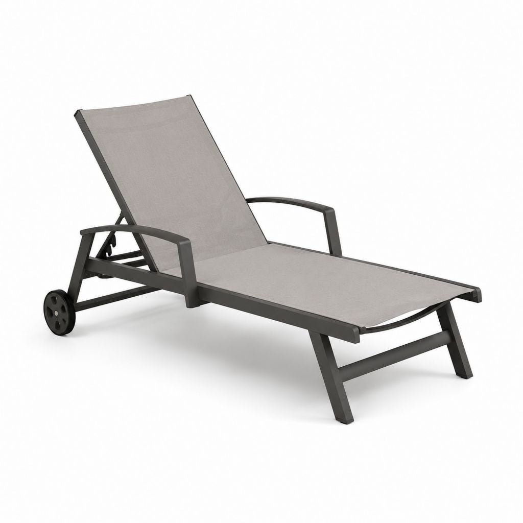 Lit pliable pour extérieur en aluminium et textilène avec roues, gris et anthracite, 195 × 68 × 96 cm