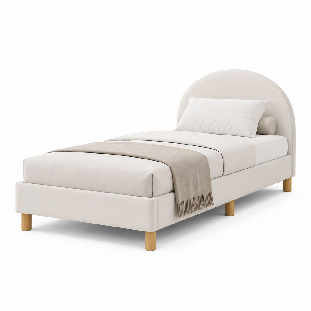Lit simple rembourré beige et bois naturel 216 × 102 × 118 cm avec tête d'arc, pour matelas 90 × 200 cm
