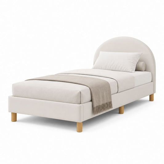 Lit simple rembourré beige et bois naturel 216 × 102 × 118 cm avec tête d'arc, pour matelas 90 × 200 cm