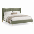 Lit double rembourré 175 × 215 × 125 cm pour matelas 160 × 200 cm, velours vert sauge, tête de lit à canaux verticaux et jambes dorées