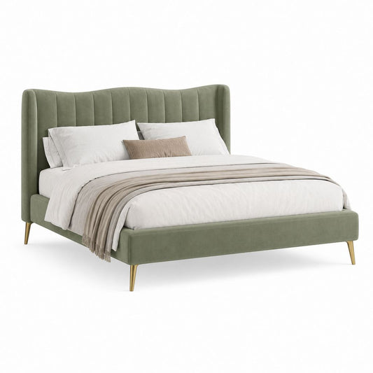 Lit double rembourré 175 × 215 × 125 cm pour matelas 160 × 200 cm, velours vert sauge, tête de lit à canaux verticaux et jambes dorées