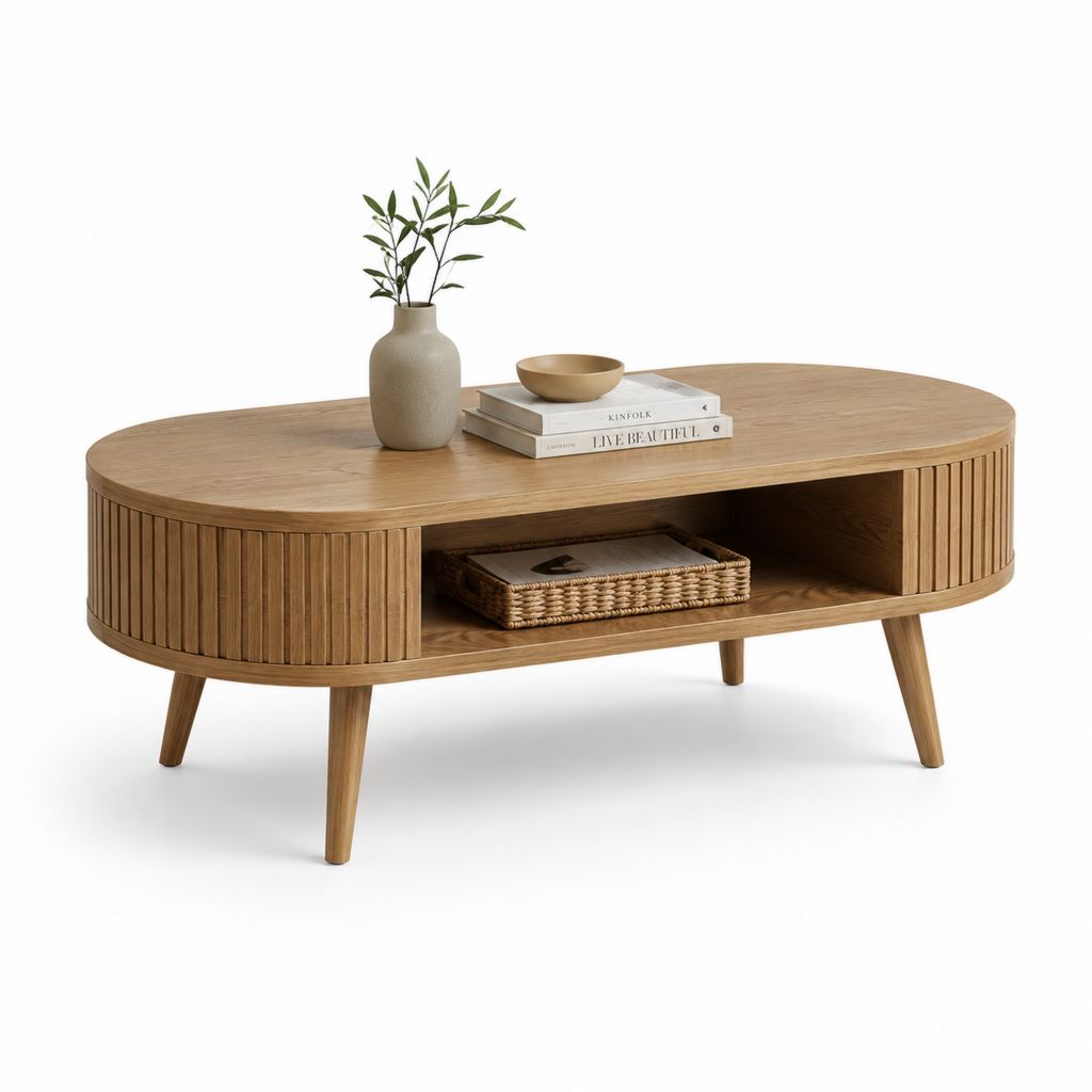Table basse de salon ovale en MDF plaqué chêne avec compartiment de rangement, 120 × 60 × 45 cm, brun chêne