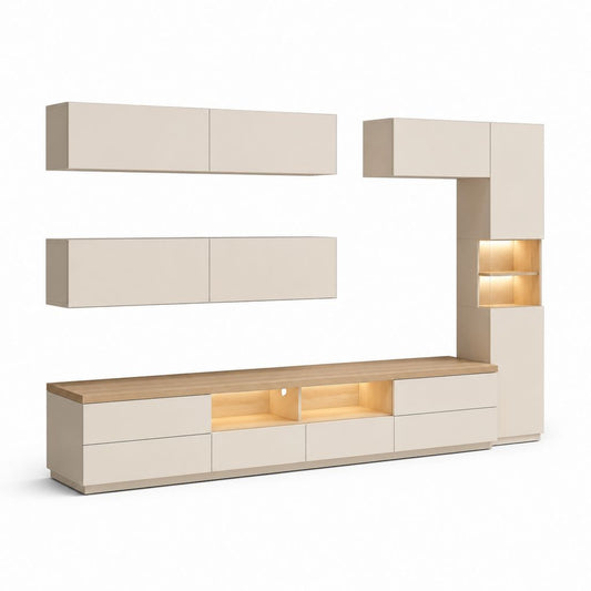 Mur modulaire pour TV en bois avec éclairage LED, beige mat et chêne naturel, 300 × 42 × 210 cm