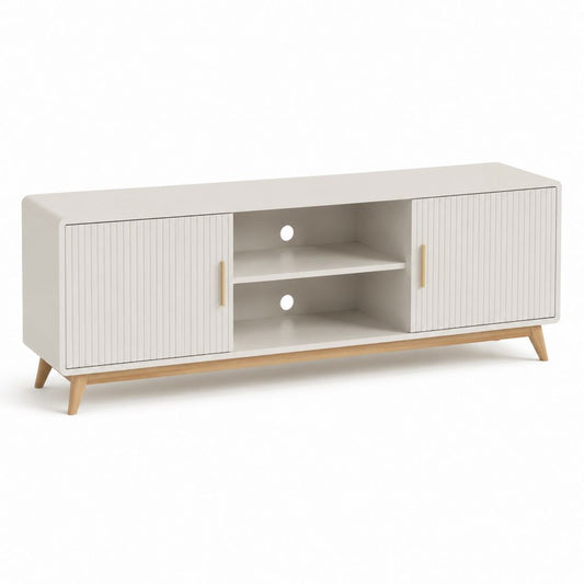 Mobile TV basse en MDF et panneau de maquillage blanc cassé, chêne naturel et or, 140 × 40 × 55 cm