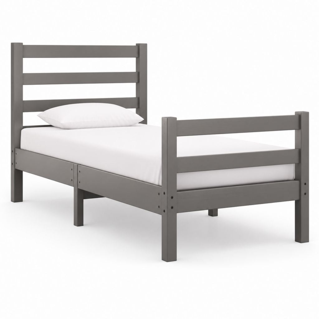 Lit simple rectangulaire en pin massif gris tourterelle avec filet à lattes, 90 × 190 cm