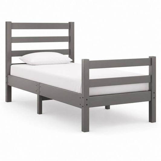 Lit simple rectangulaire en pin massif gris tourterelle avec filet à lattes, 90 × 190 cm