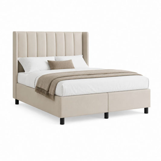Lit double rembourré 160 × 200 cm en polyester beige avec tête à panneaux verticaux, 171 × 214 × 120 cm