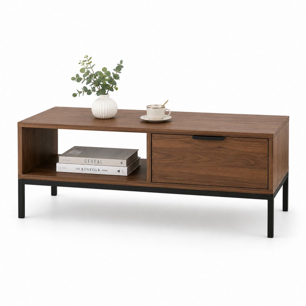 Table basse rectangulaire avec tiroir et compartiment ouvert en bois et acier, brun noyer et noir, 120 × 55 × 45 cm