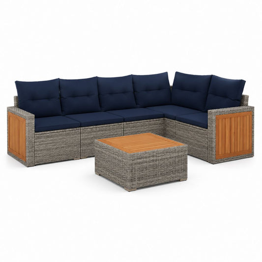 Set salon d'angle d'extérieur à 6 places avec table basse en résine tressée PE et bois, gris, bleu marin et marron, 260 × 190 × 88 cm