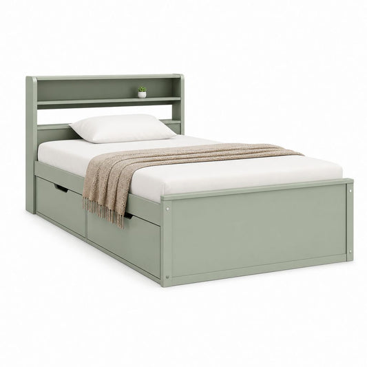 Lit de rangement en bois vert sauge 147 × 215 × 120 cm, pour matelas 140 × 190 cm, avec 2 tiroirs et tête de lit bibliothèque