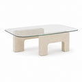 Table basse rectangulaire en verre trempé et travertin beige, 120 × 65 × 40 cm