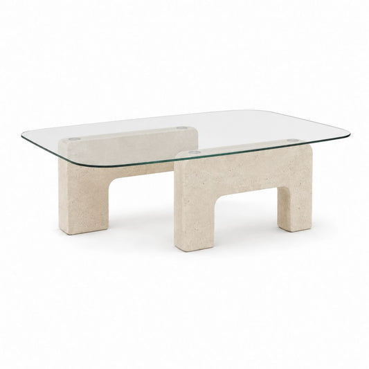 Table basse rectangulaire en verre trempé et travertin beige, 120 × 65 × 40 cm